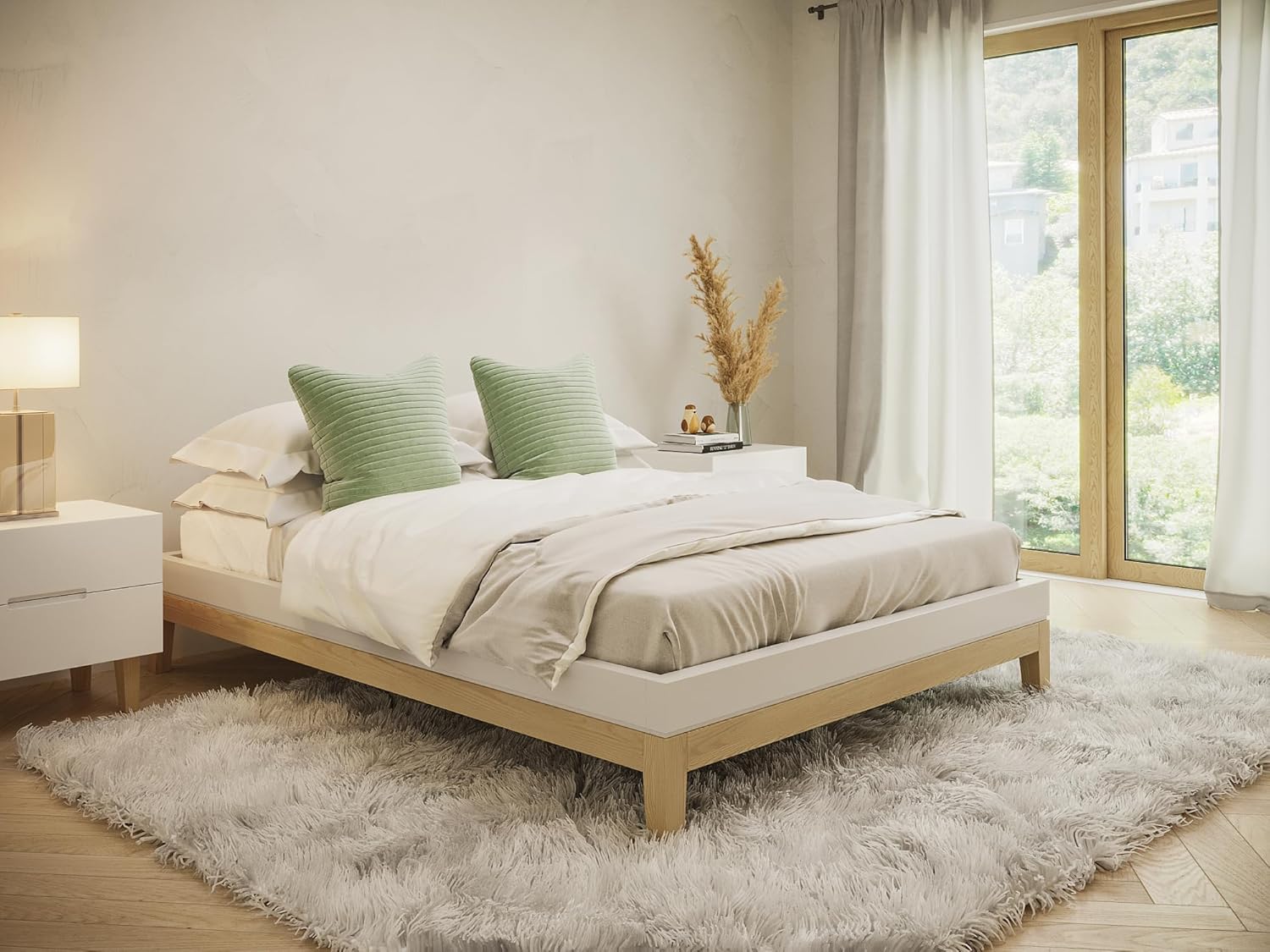 skølm Freyr Bett 140x200 cm, Holzbett weiß/Natur Scandi Style, Doppelbett aus Birke Massivholz und MDF, Bettgestell ohne Kopfteil, Maße: H 32 x B 146 x T 206 cm – B-Ware