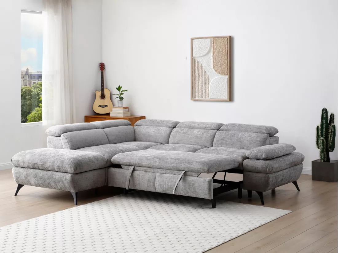 Canapé d'angle gauche convertible en tissu texturé gris SURDELI