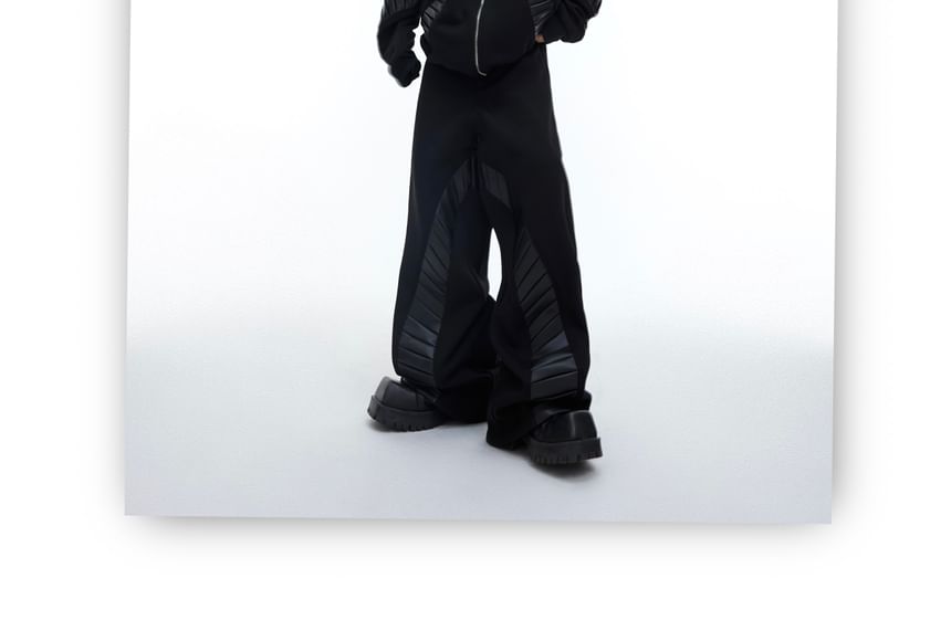 Kooklay - Effen geplooide fleece-gevoerde imitatieleren hoodie met rits / Middelhoge wijde broek / Set