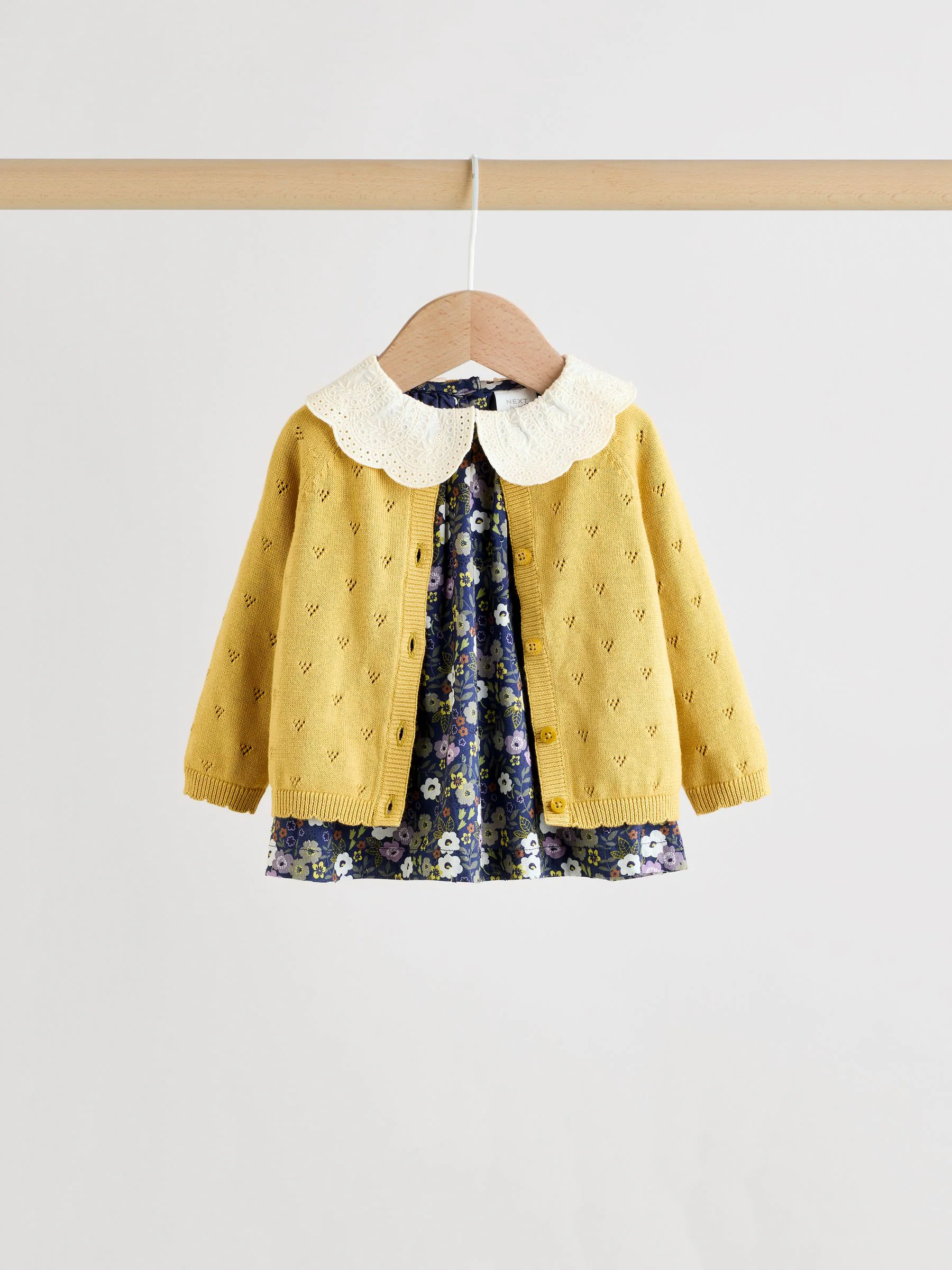 Geel/marineblauw met fijne print/paars - Knitted Cardigan, Long Sleeve Top and Cord Trouses Baby 3 Piece Set (0mths-2yrs)