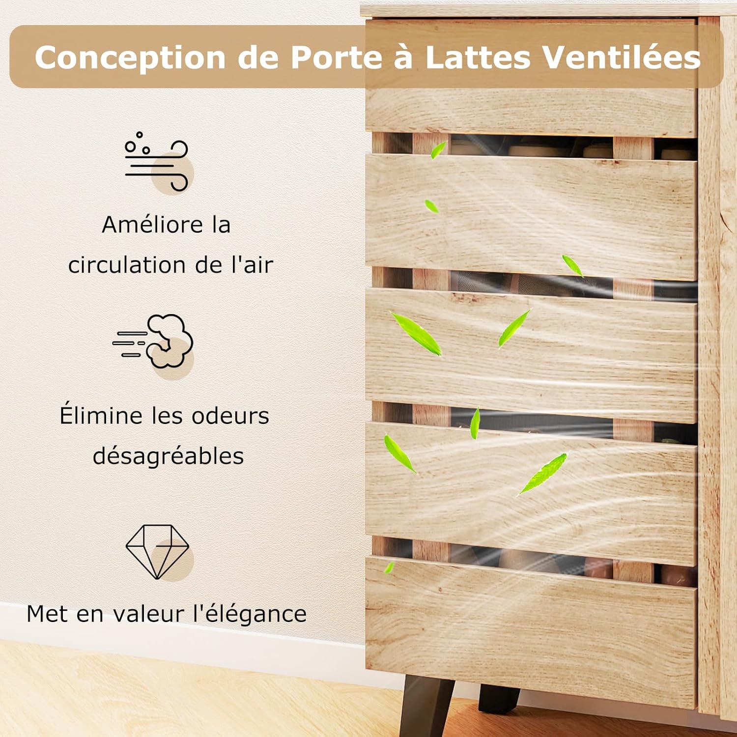 COSTWAY Meuble a Chaussure à 4 Niveaux, 3 Étagères Amovibles et Portes, Meuble Chaussure Entree 16 Paires, Pieds Surélevés, Dispositif Anti-Basculement, Meuble de Rangement pour Entrée Salon, Naturel II8340796