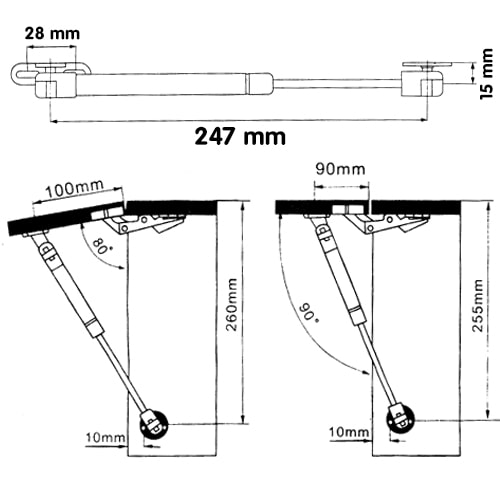 Compas de placard vérin 247 mm 60 N