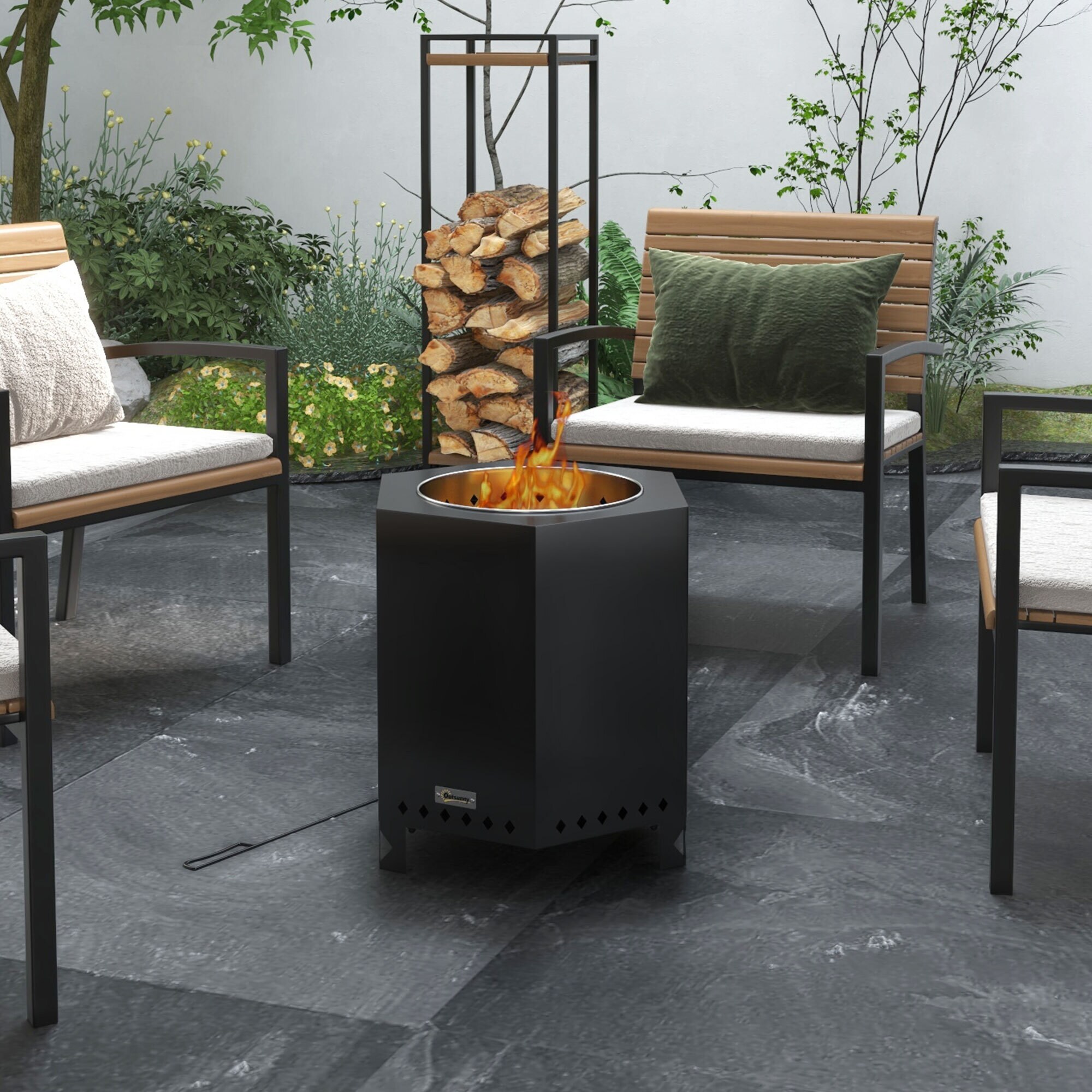 Outsunny Feuerschale mit Schürhaken schwarz 45L x 38,8B x 46,5H cm