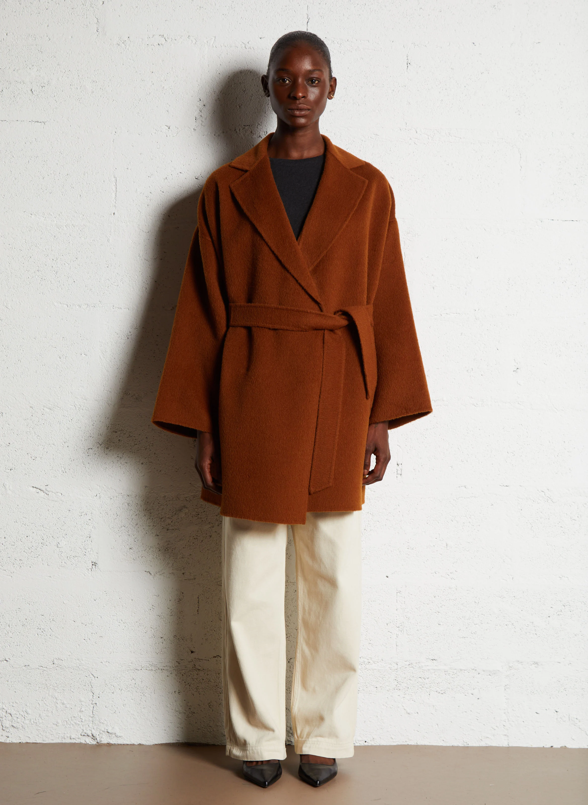 NELLA - Manteau ample col tailleur en laine vierge et alpaga | Beige