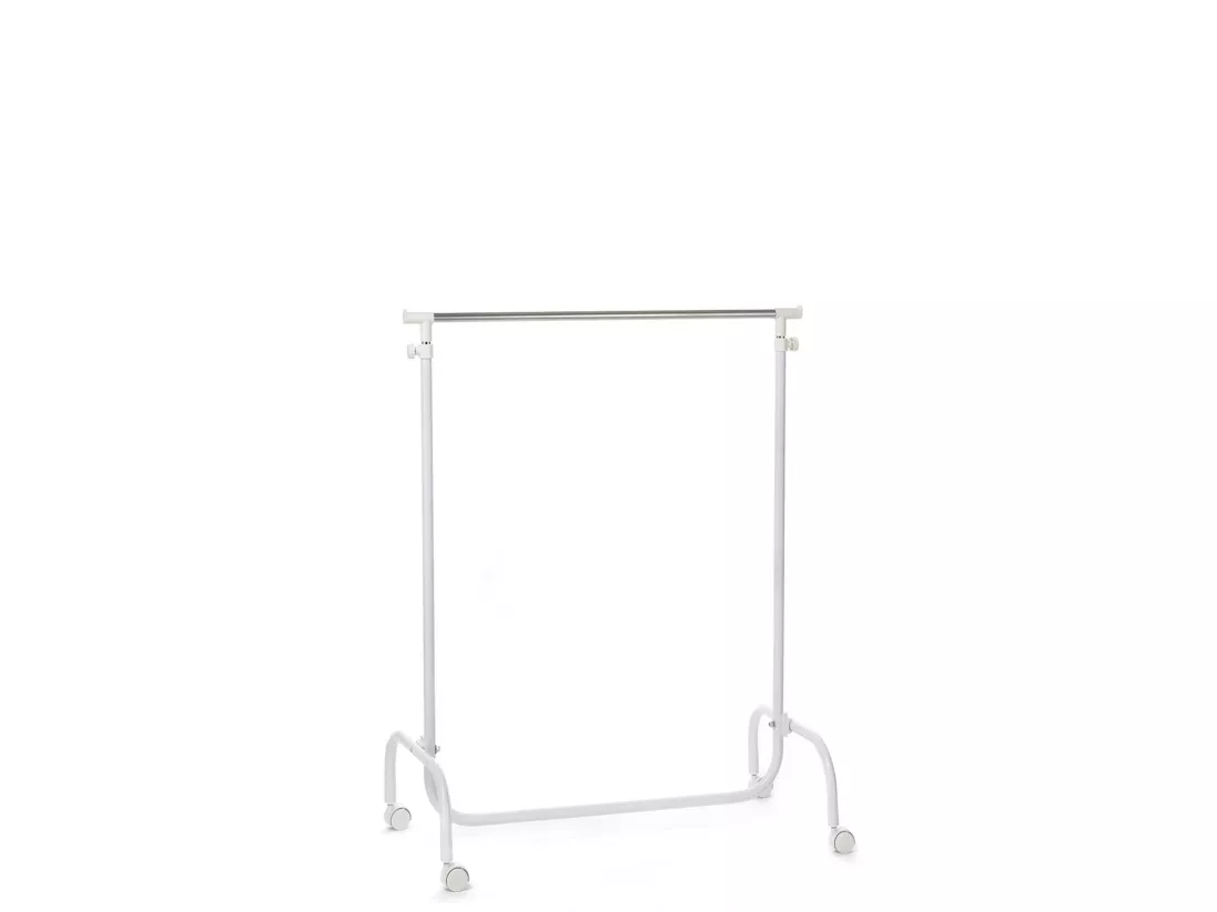 Portant à vêtements TIGER penderie simple sur roulettes vestiaire mobile avec 1 barre de hauteur réglable, en métal chromé et blanc