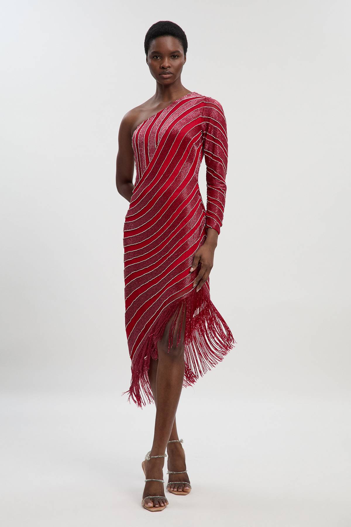 KarenMillen Robe Mi-Longue Petite Taille à Fente Haute Ornée de Tissage et Franges