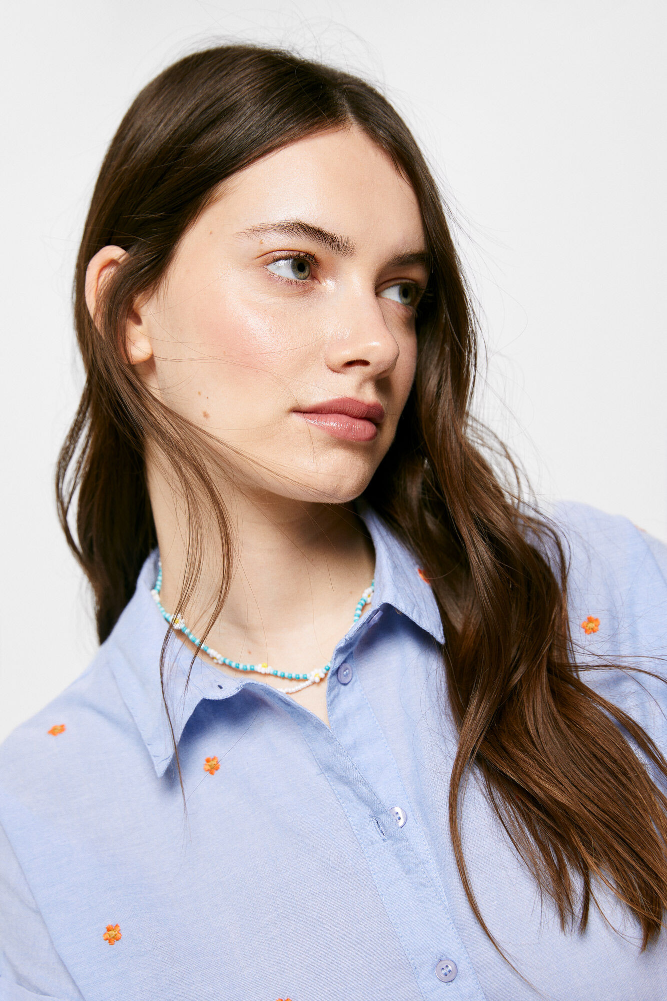 Blusa de algodão chambray bordada - Azul médio