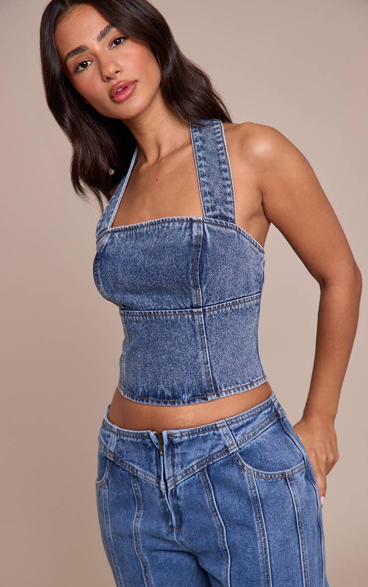 Mid Blue Wash Top Petite En Denim À Col Licou