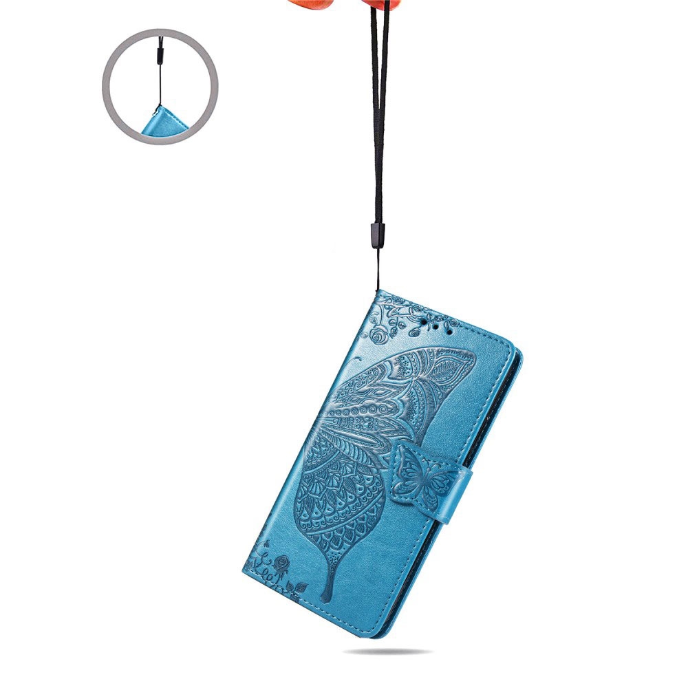 Samsung Galaxy A41 Leder Tasche Flip Cover Schmetterlinge Imprint - Blau