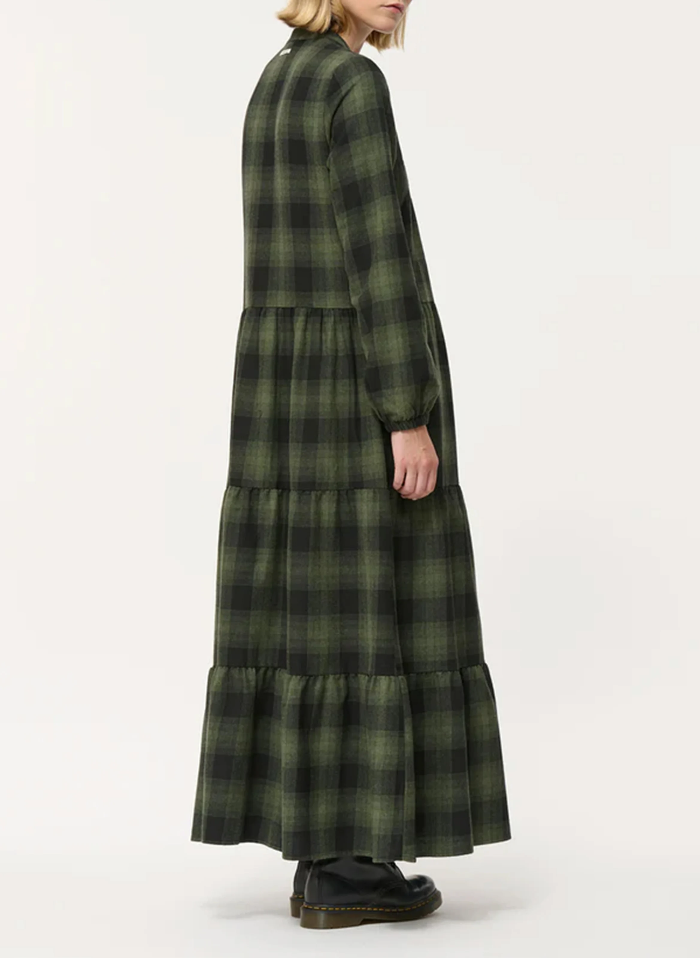 Robe longue col tunisien en coton mélangé à carreaux | Vert