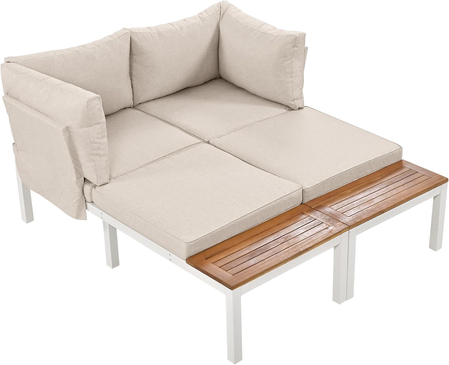 Merax Gartenmöbel Set 4-Personen, Lounge Sitzgruppe Outdoor mit Tisch, Ecksofa-Set aus verzinktem Eisen & Massivholz, für Garten Balkon Terrasse, inkl. Kissen, wetterfest Gartenlounge Set, Beige