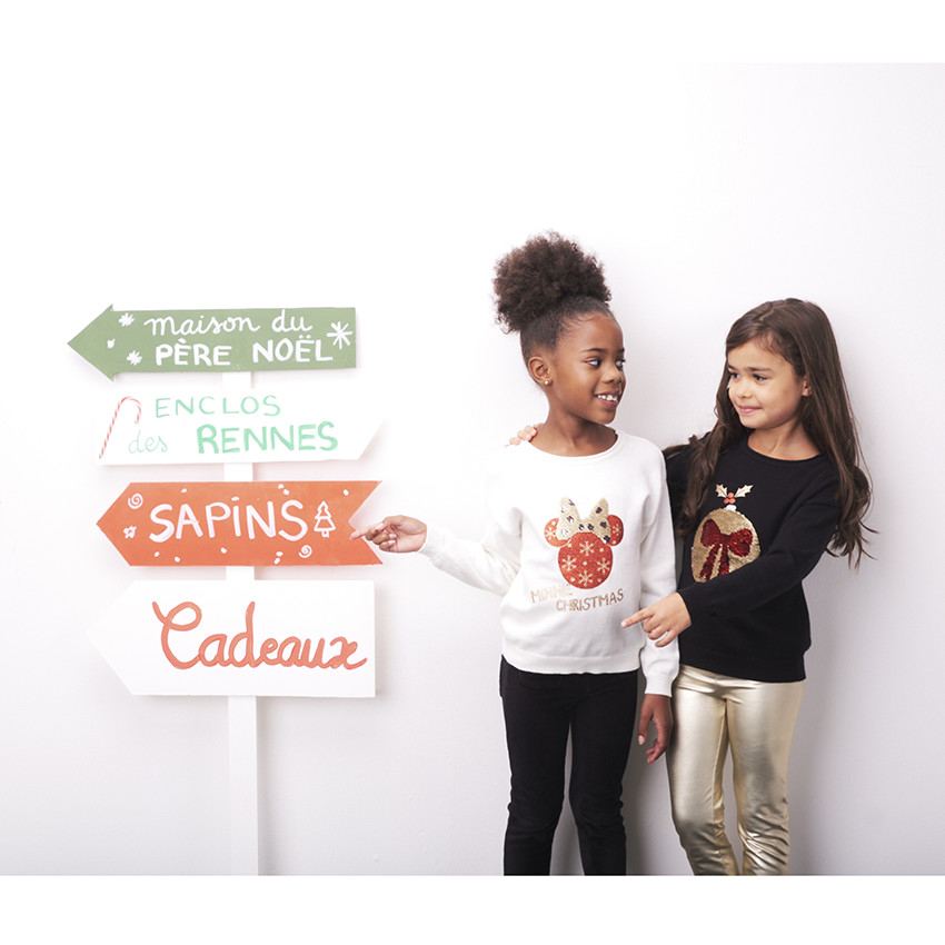 Pull en tricot print et sequins magiques boule de Noël pour fille
