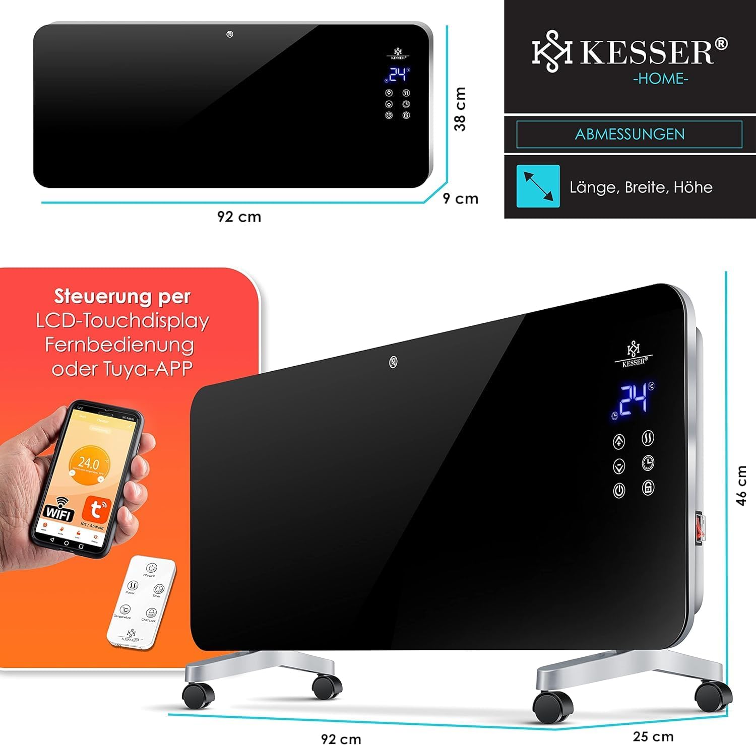 Kesser® Elektro Glasheizung Konvektor Elektroheizung Heizung Heizkörper (Schwarz)