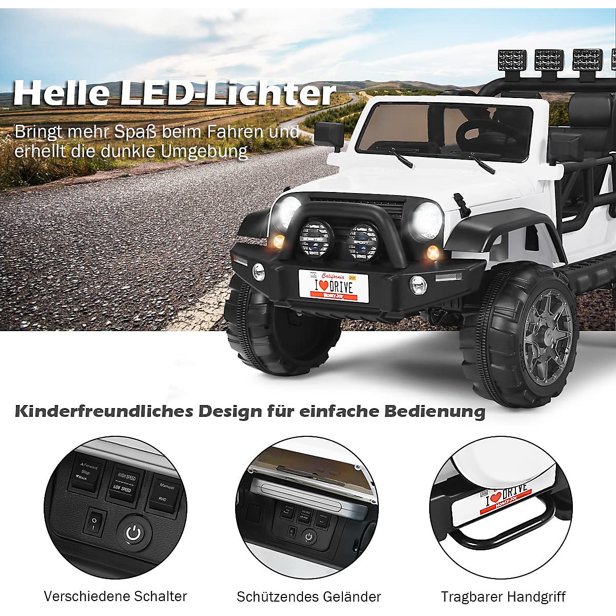 Elektroauto Jeep 2 Sitzer mit 3 Geschwindigkeiten wei&szlig;