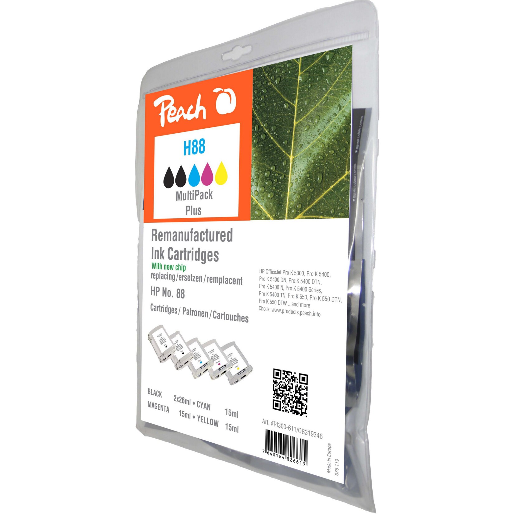 Peach HP 885 Druckerpatronen (2*bk, c/m/y) ersetzt HP No. 88, C9385AE*2, C9386AE, C9387AE, C9388AE für z.B. HP OfficeJet Pro K 5300 (wiederaufbereitet)