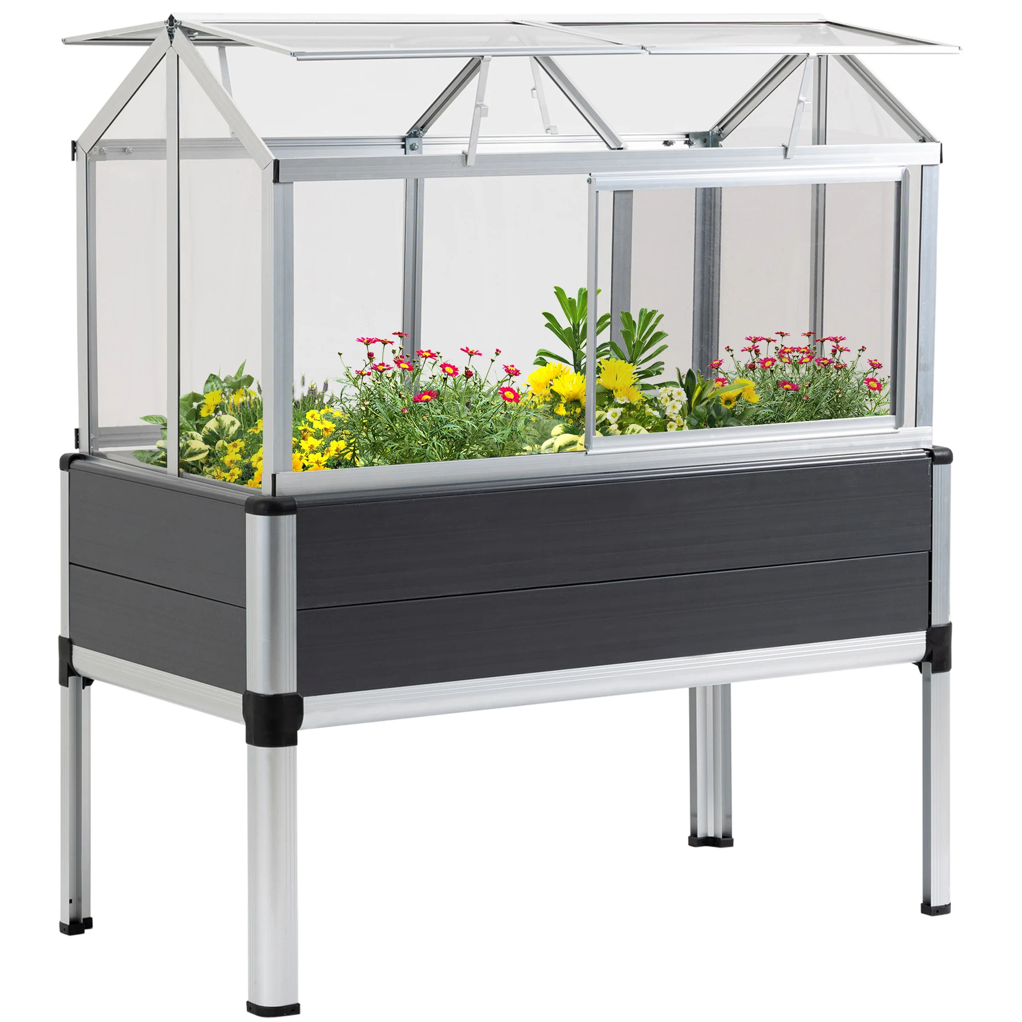 Jardim urbano elevado Outsunny, 113,5 x 61 x 128,5 cm, com cobertura de policarbonato, teto articulado e janelas deslizantes, estrutura de alumínio e PVC para plantas e flores, cinza.