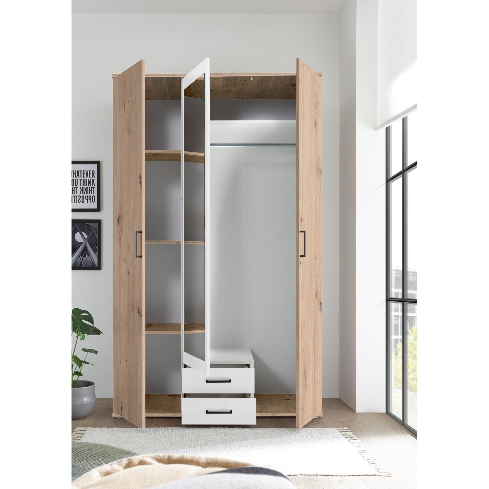 Drehtürenschrank Chicago Melamin Dekor Artisan/Weiss 120 x 97 x 54 cm, mit Spiegel
