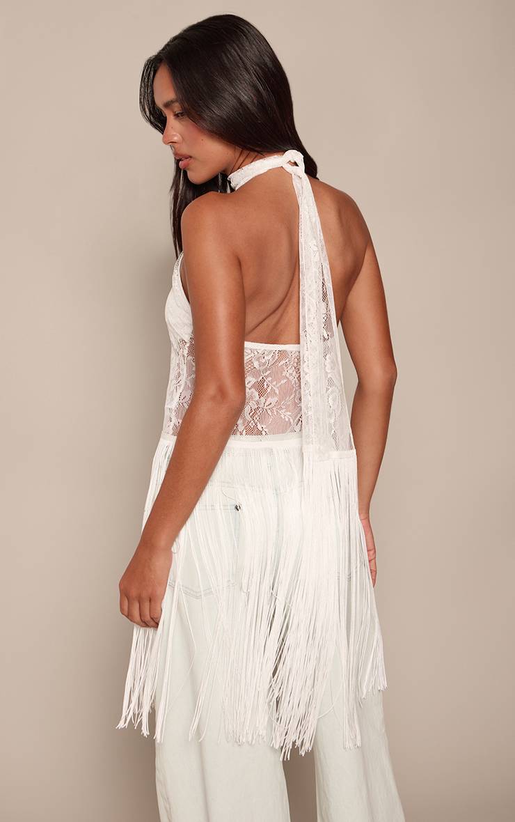 Blanc Top Long En Dentelle Transparente Avec Détails À Pompons