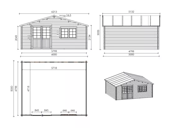Abri de jardin en bois - 30m2 - 6x5m - Ep. 40mm - Couleur: naturel - DOM747 - ALTANKA