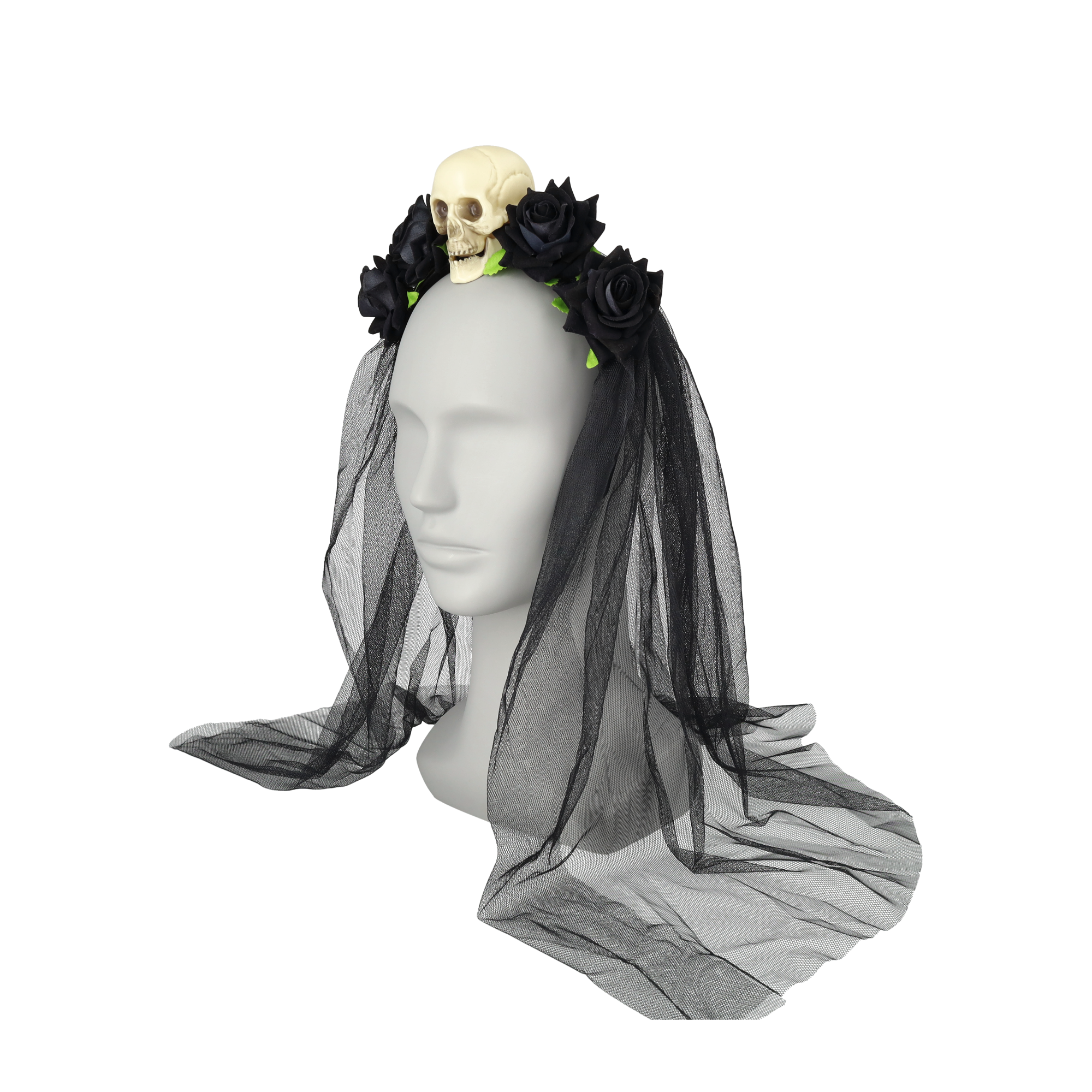 Dia de los Muertos Totenkopf Haarreif mit Schleier Fasnachts Kostüm Zubehör Motto Party Accessoire Halloween Foto Requisite - Schwarz