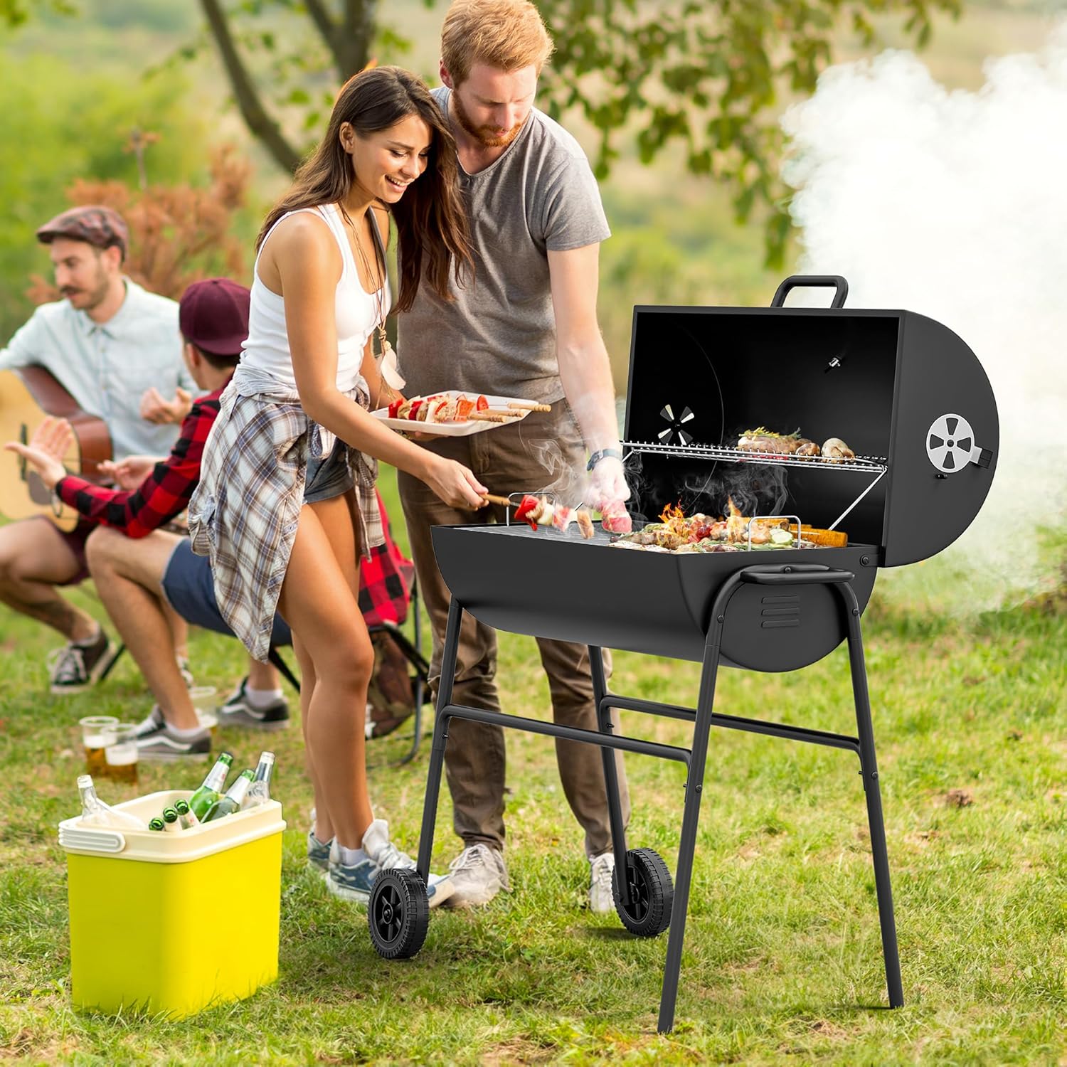YITAHOME M Holzkohlegrill BBQ Smoker Grillwagen mit Höhenverstellbare Kohlenstoffpfanne & Thermometer, Standgrill für Party, Camping, Garten, inkl. Küchenzange