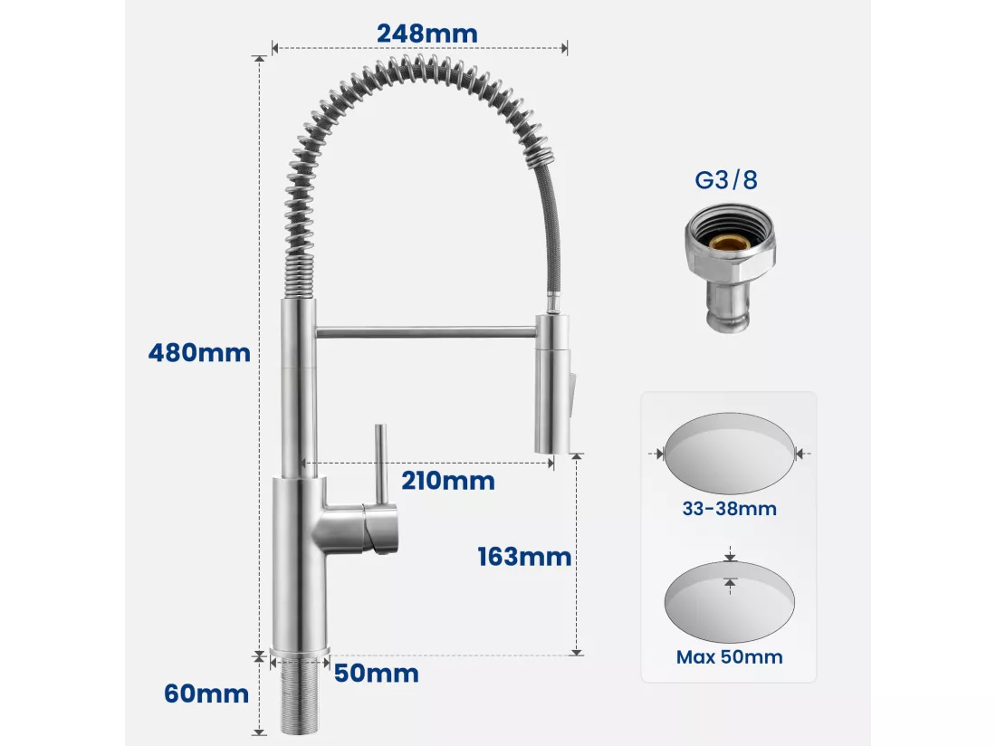 Cecipa max Mitigeur Cuisine à Ressort avec 2 Modes de Sortie D'eau Mitigeur de Evier avec Douchette Extractible Robinet Pivotant à 360°,EU Modèle
