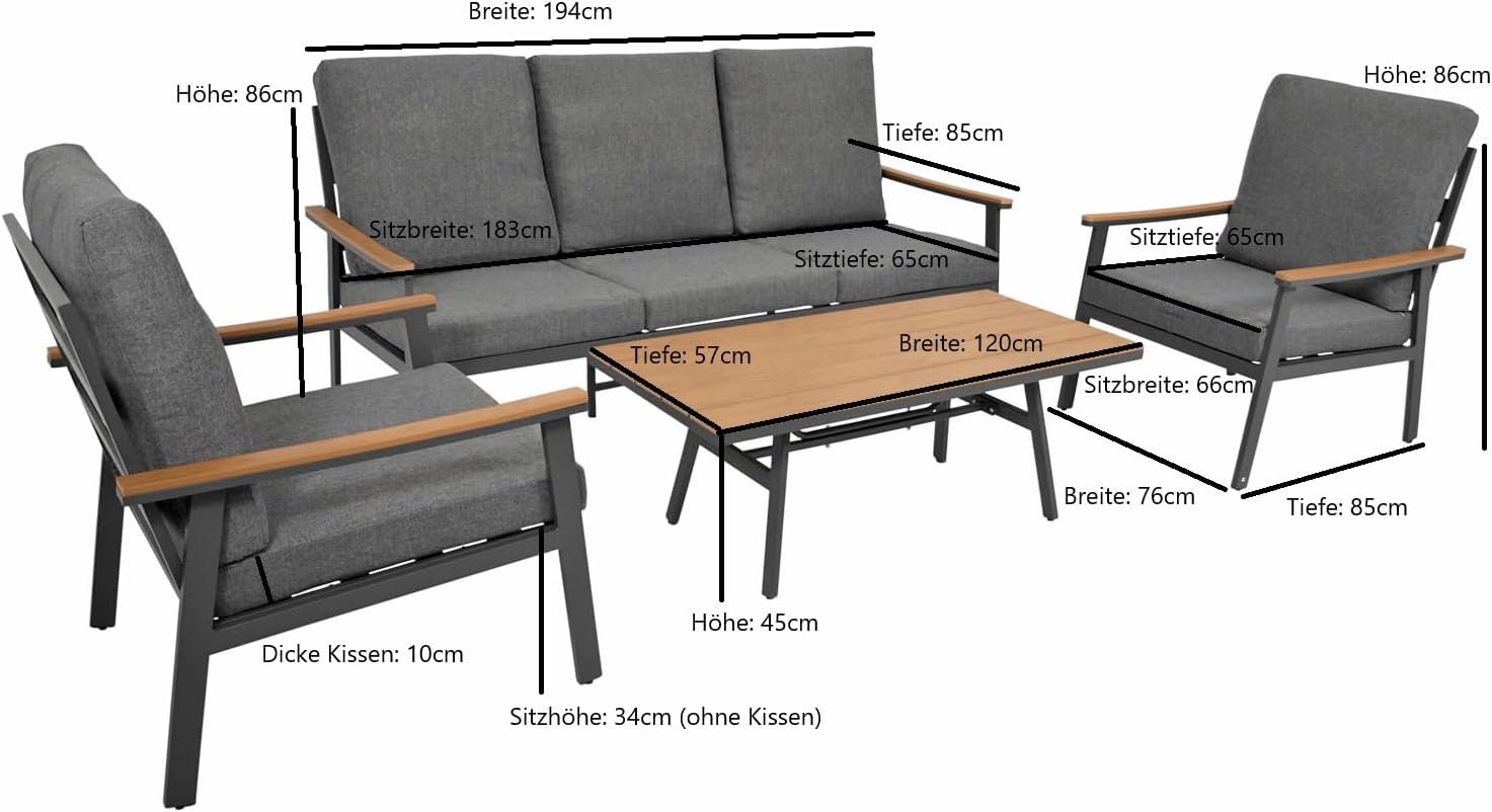 DEGAMO Loungeset Gartenset Calgary 4-teilig, Aluminium anthrazit + Kunstholz, Polster grau, wetterfest, Outdoor