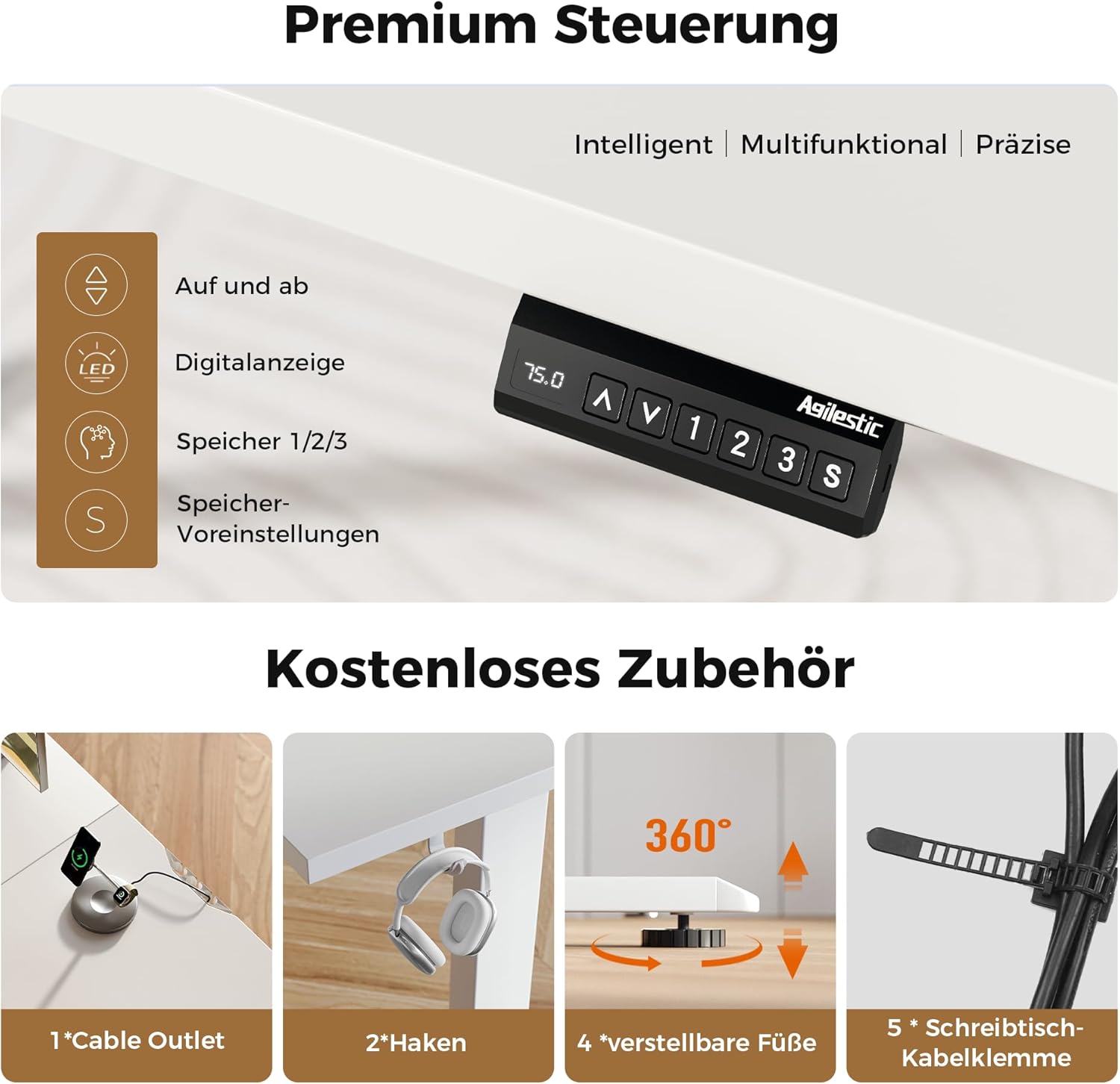 Agilestic L-förmig Höhenverstellbarer Schreibtisch, 160 x 140 cm Schreibtisch Höhenverstellbar Elektrisch, Eckschreibtisch Ergonomischer Steh-Sitz Tisch Computertisch, Weiß