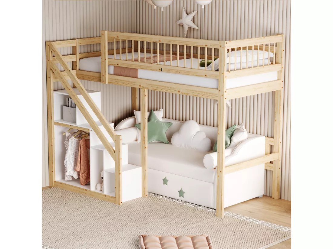 Lit mezzanine 90 x 200 cm avec placard de rangement - Bois massif + MDF - Naturel et blanc (sans matelas)