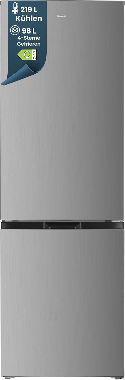 homeX Kühlschrank mit Gefrierfach, Kühl-Gefrier-Kombination freistehend, groß - 315 Liter, 4-Sterne Gefrieren, Super-Frost-Funktion, leise Kühlgefrierkombi, EEK C, XXL Kühl Gefrierkombination silber