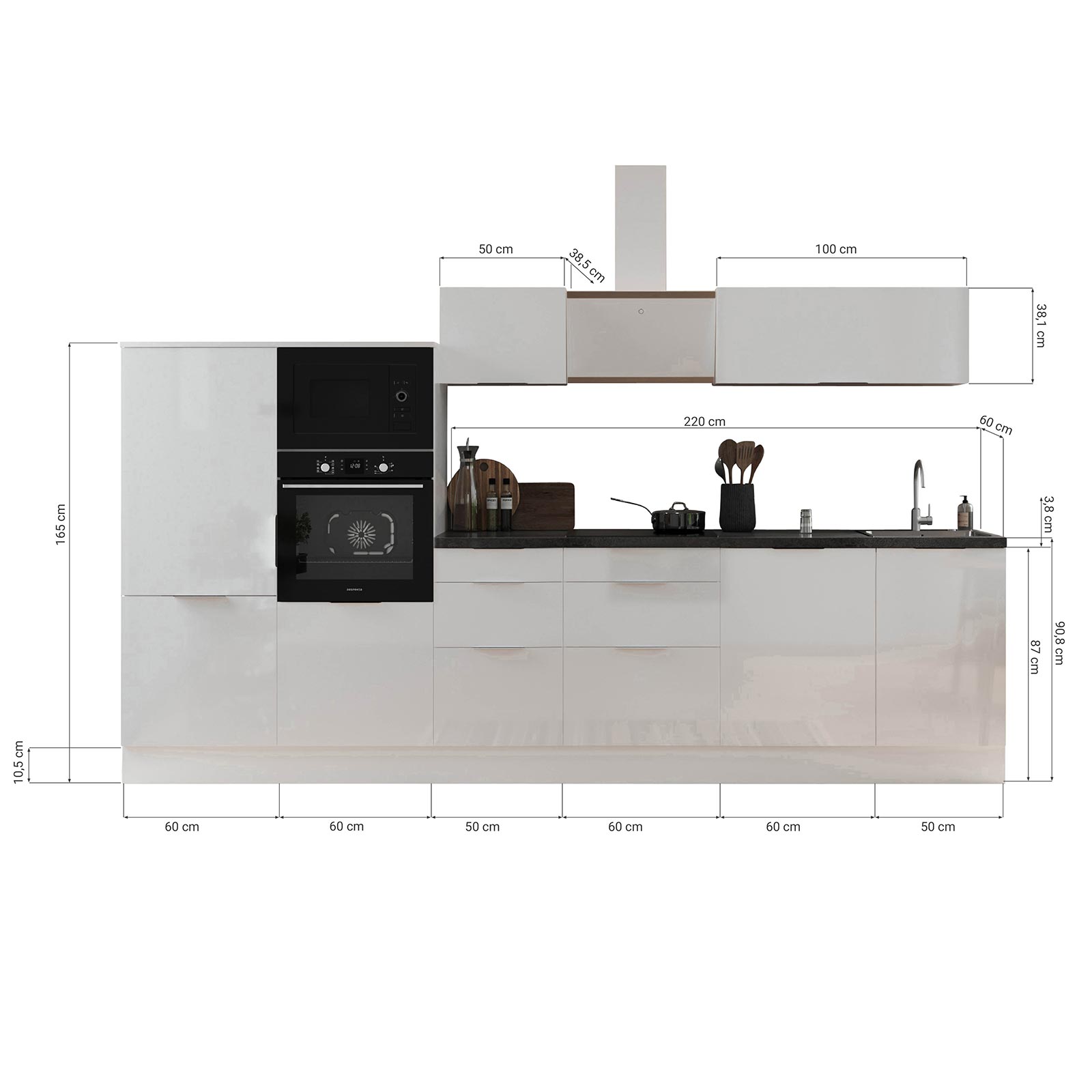 RESPEKTA Küchenblock - weiß Hochglanz - weiß matt - mit E-Geräten - 340 cm