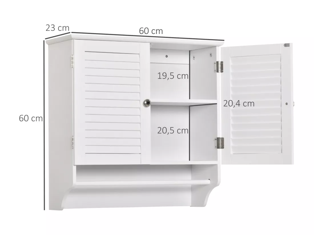Armoire haute murale salle de bain ou WC - placard 2 portes persiennes avec étagère - porte-serviette - MDF blanc
