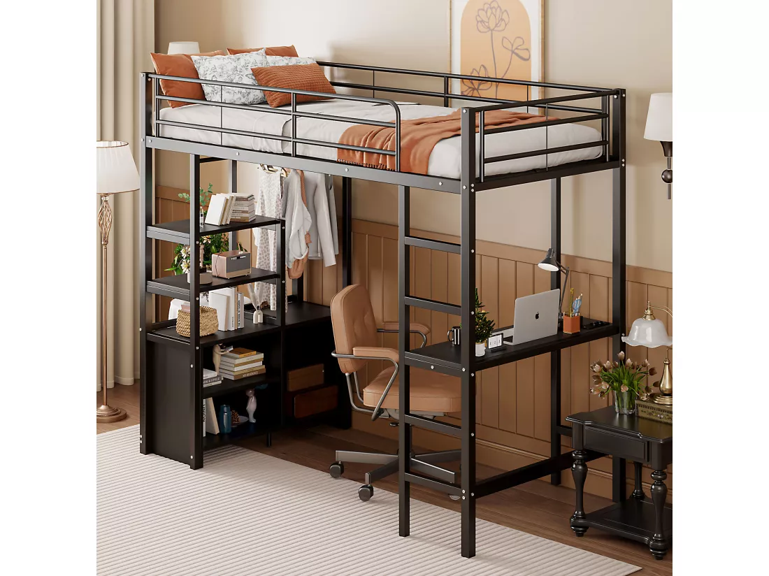 Lit mezzanine 90 x 200 cm avec bureau, prises USB, placard de rangement ouvert - Métal + MDF - Noir (sans matelas)