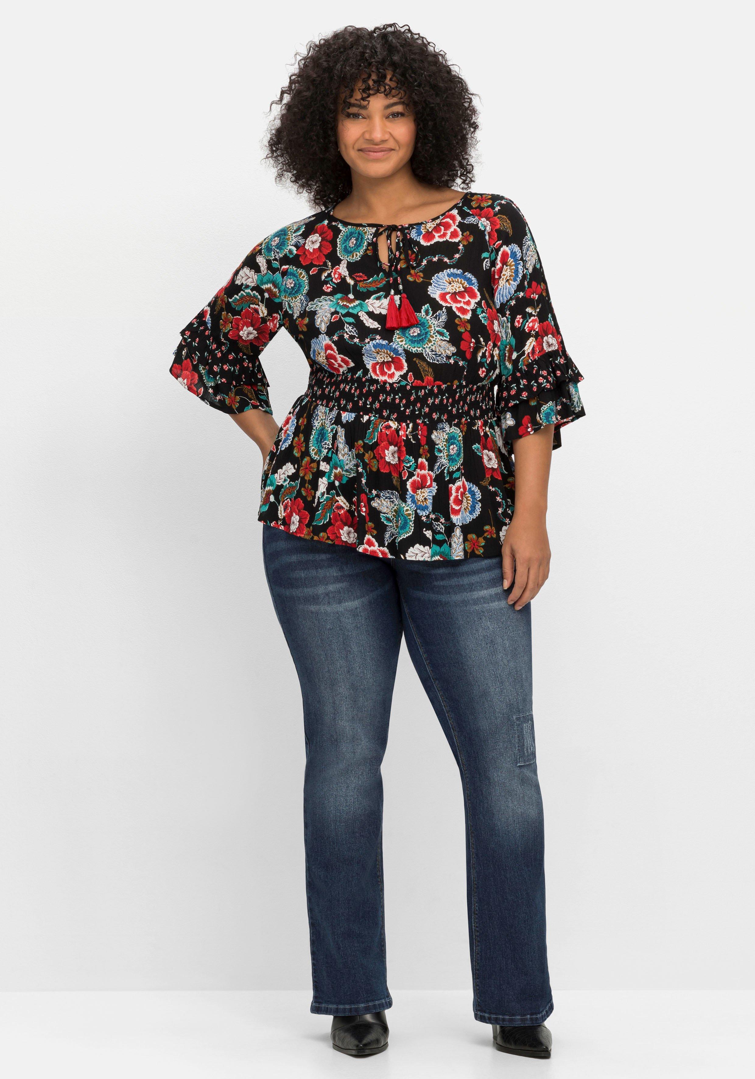 Tunika mit Cut-outs, Smokbund und Blumenprint