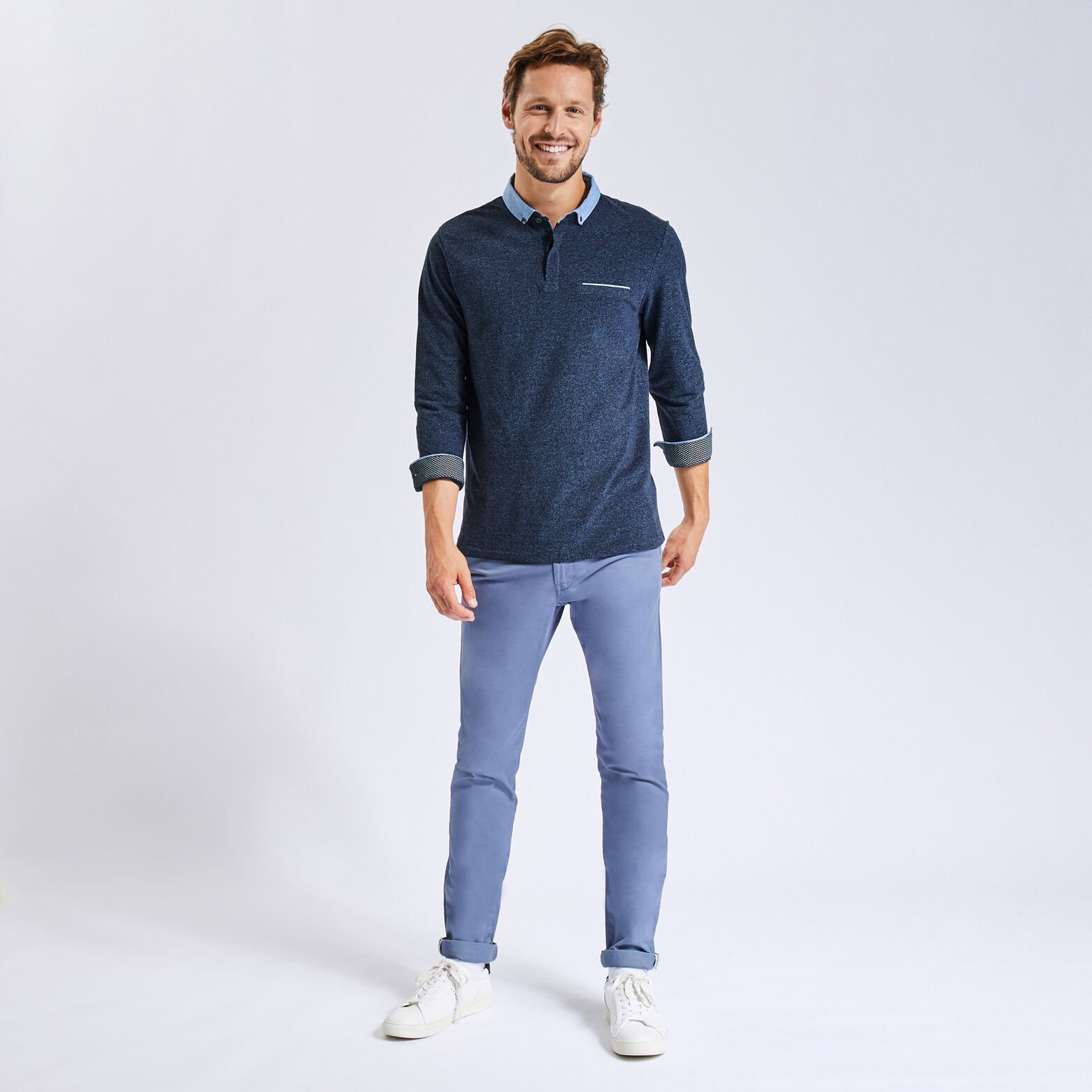 Polo manches longues maille piquée moulinée col ox Bleu foncé