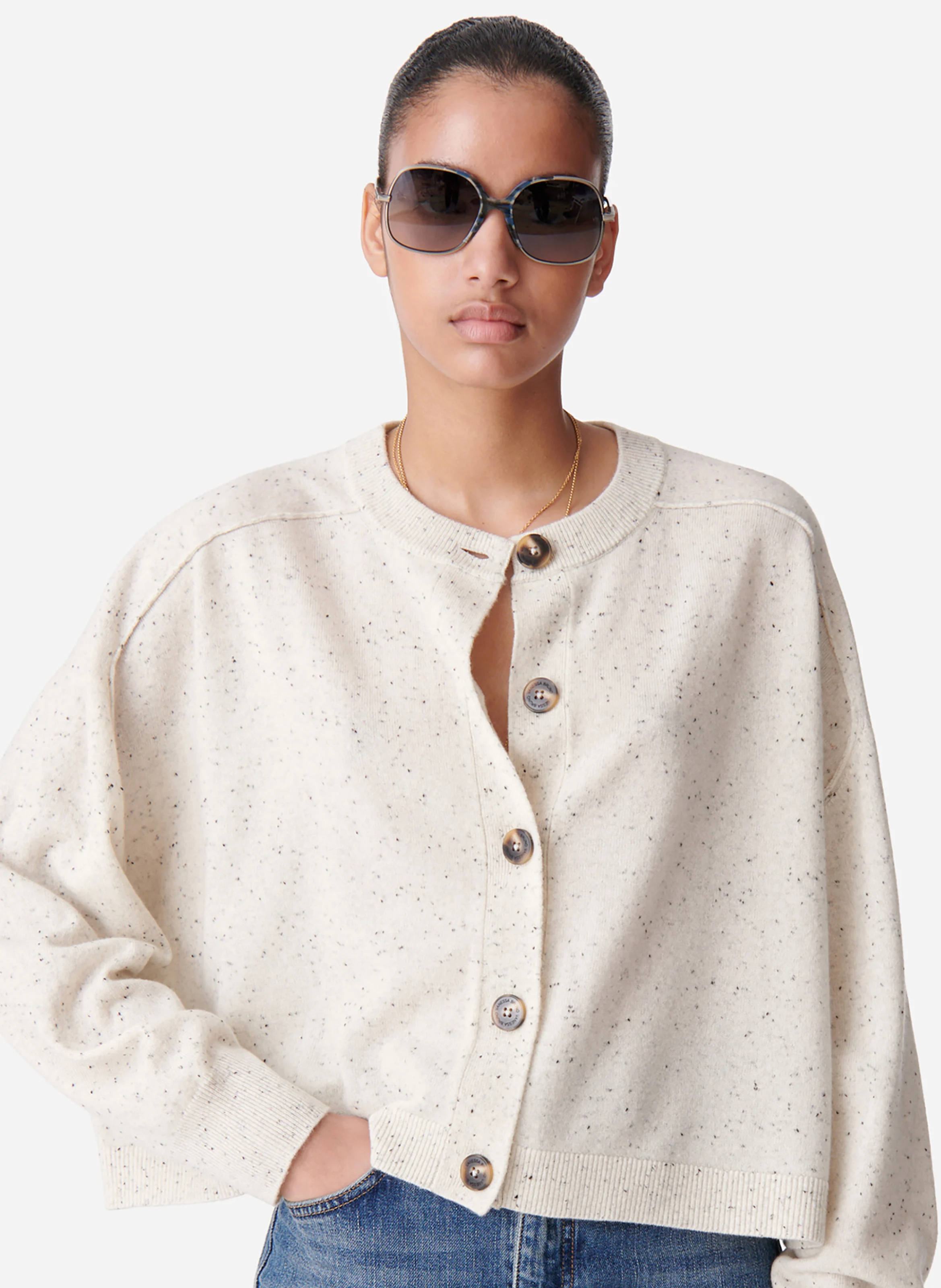 DOUVE - Cardigan col rond ample en laine | Blanc
