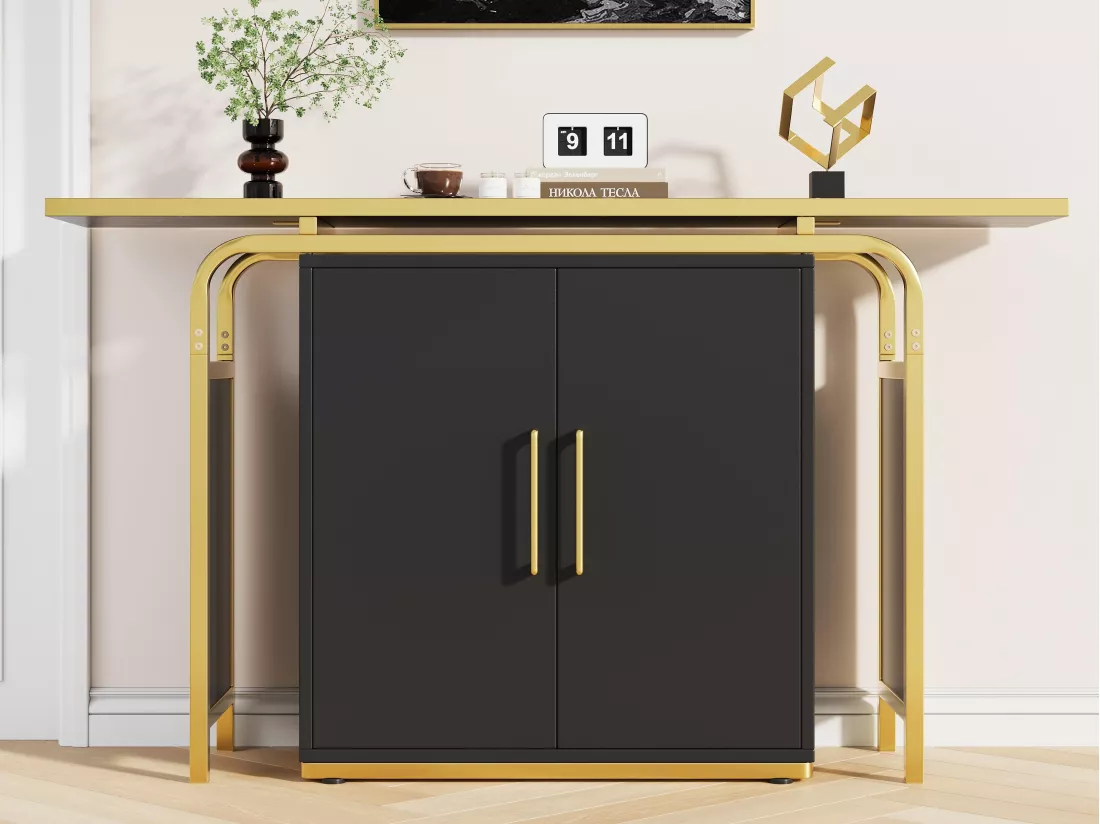 Buffet moderne avec 2 portes avec poignées dorées - MDF - Noir & Doré