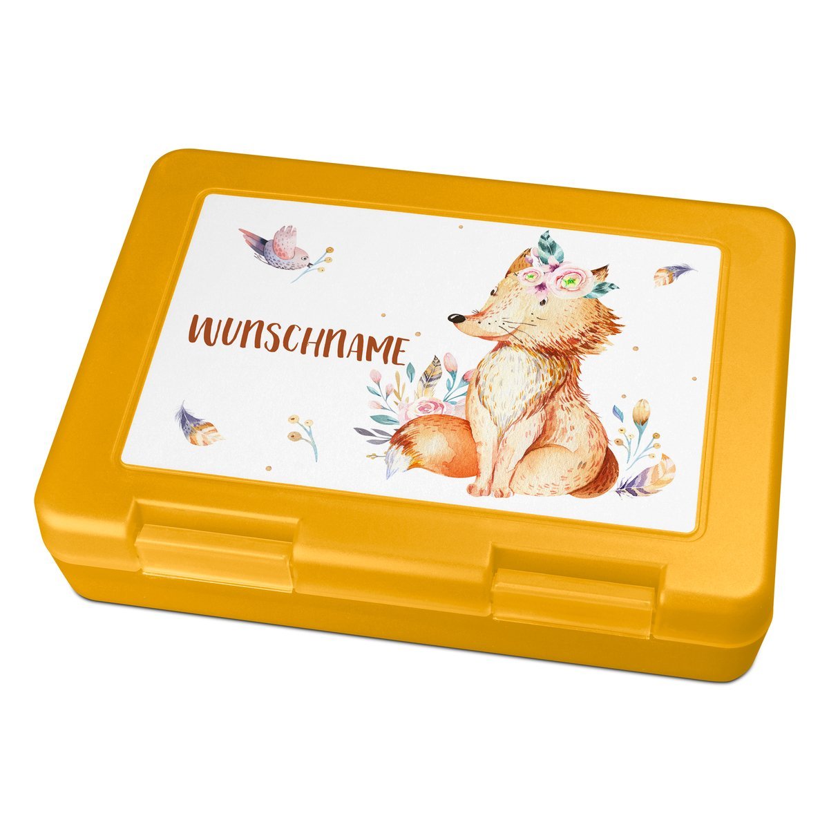 Brotdose mit Namen, gelb (Motiv: Fuchs)
