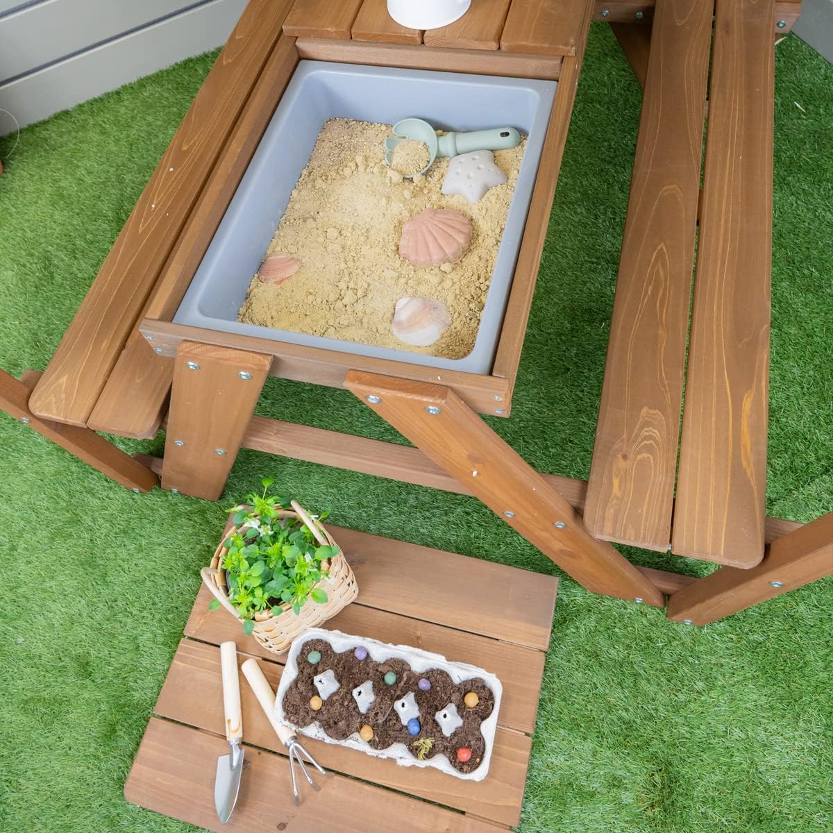 Meppi Kinder-Sitzgruppe Pellworm - braun aus Holz mit Dach - Tisch Stuhl Garnitur Sitzbank mit Tisch