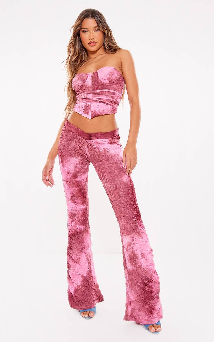 Rose Pantalon Évasé Taille Basse En Mesh Texturé Imprimé