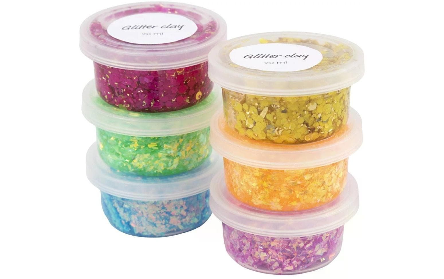 Modelliermasse Glitter Clay 6 x 20 ml, Sortierte FarbenTransparente Modelliermasse mit Glitzerflocken