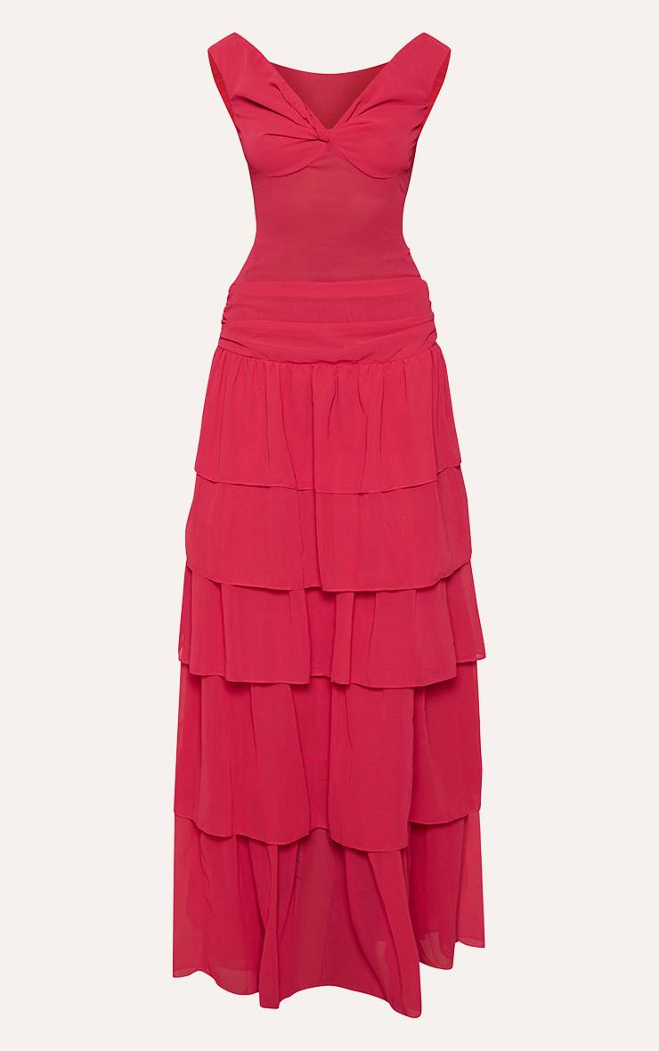 Fuchsia Robe Longue Fuchsia À Épaules Dénudées Taille Basse À Volants Étagés