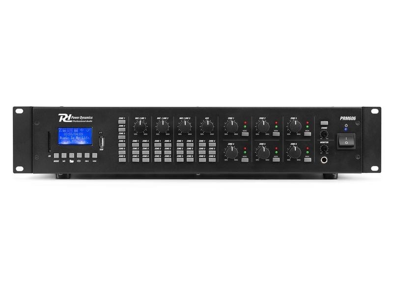 Power Dynamics Verstärker Pro PRM606 100 V, 6x 60 W 6-Kanal Verstärker mit Bluetooth, MP3-Player, Mikrofoneingang und verstellbarer Ausgangsleistung