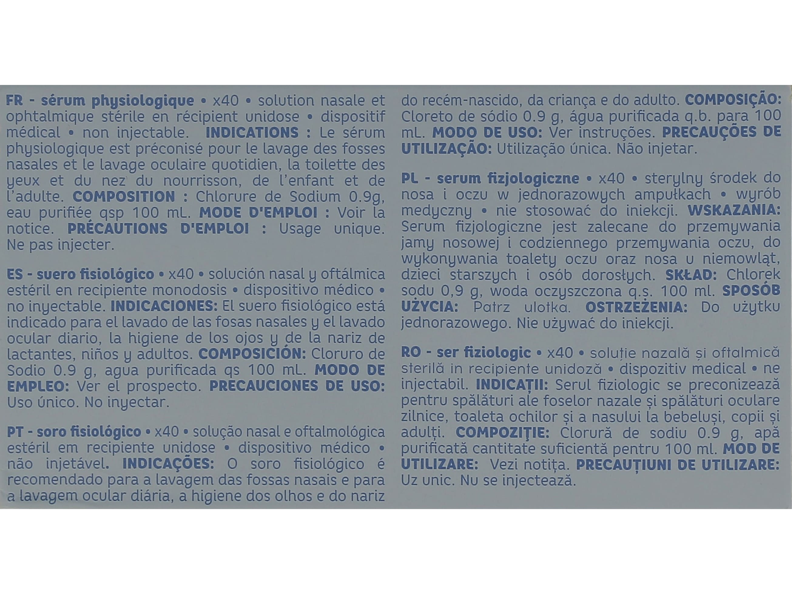 SORO FISIOLÓGICO AUCHAN BABY SOLUÇÃO NASAL E OFTALMOLÓGICA ESTÉRIL UNIDOSES 40X5ML
