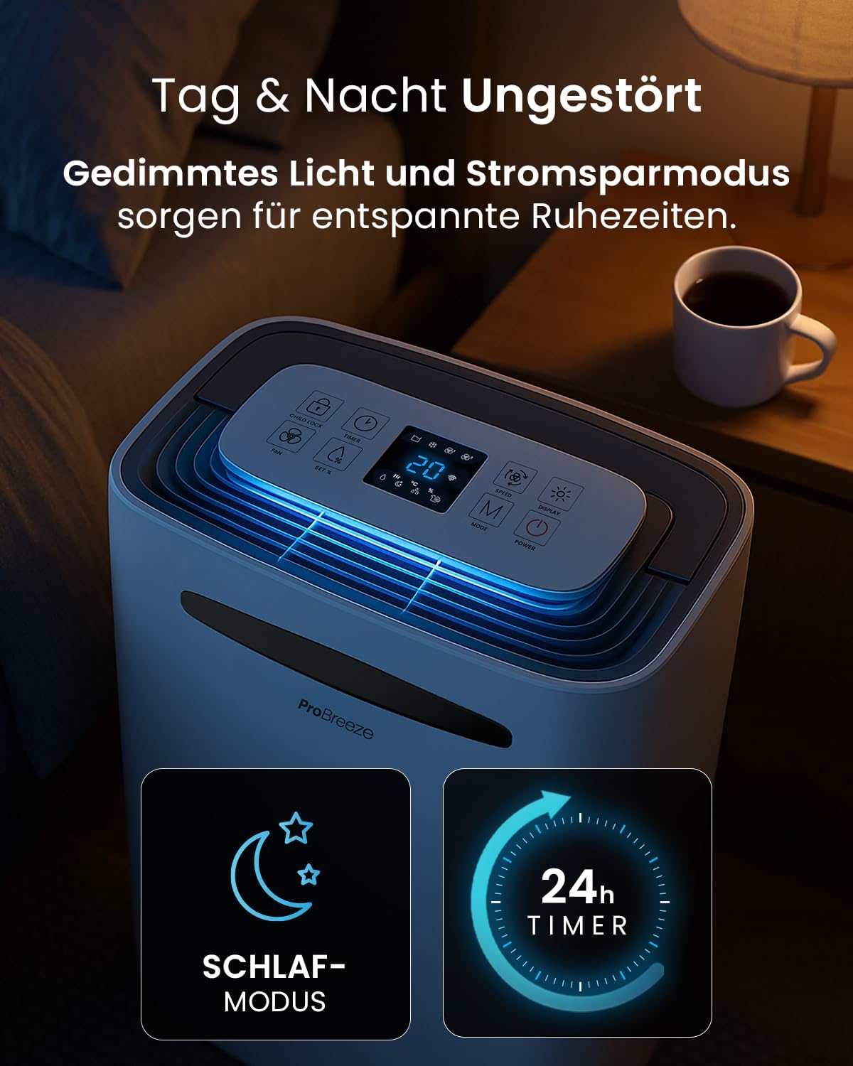 Pro Breeze Luftentfeuchter 25L in 24h Entfeuchtungsleistung - Raumgröße ca. 195m³ (~30 m²) - mit 4 Betriebsarten, Digitalanzeige, Ablaufschlauch, Wäschetrocknung, Timer - Gegen Feuchtigkeit, Schimmel