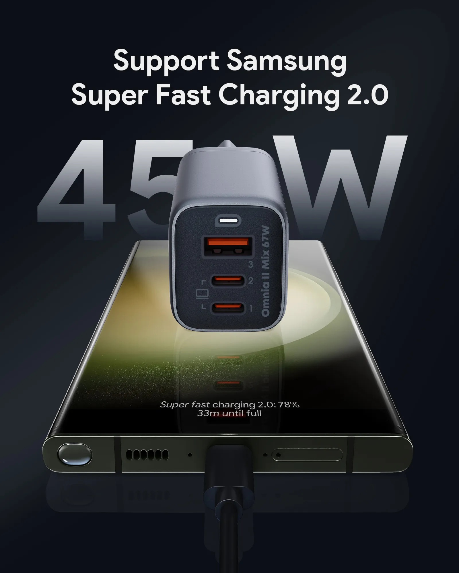 (67W) Omnia Mix 2 USB A / 2x USB C GaN Ladegerät Netzteil PD 3.0 / QC 3.0 (PA-B6U GY) - Grau / Schwarz