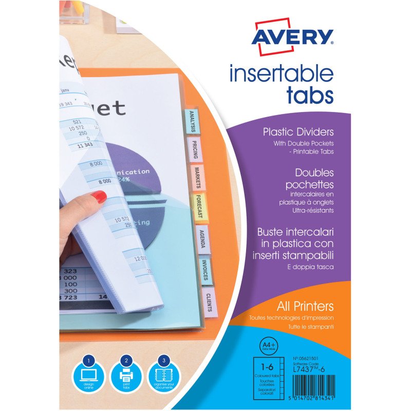 Double pochette intercalaire A4+ polypropylène coloré Avery 6 onglets multicolores - 1 jeu