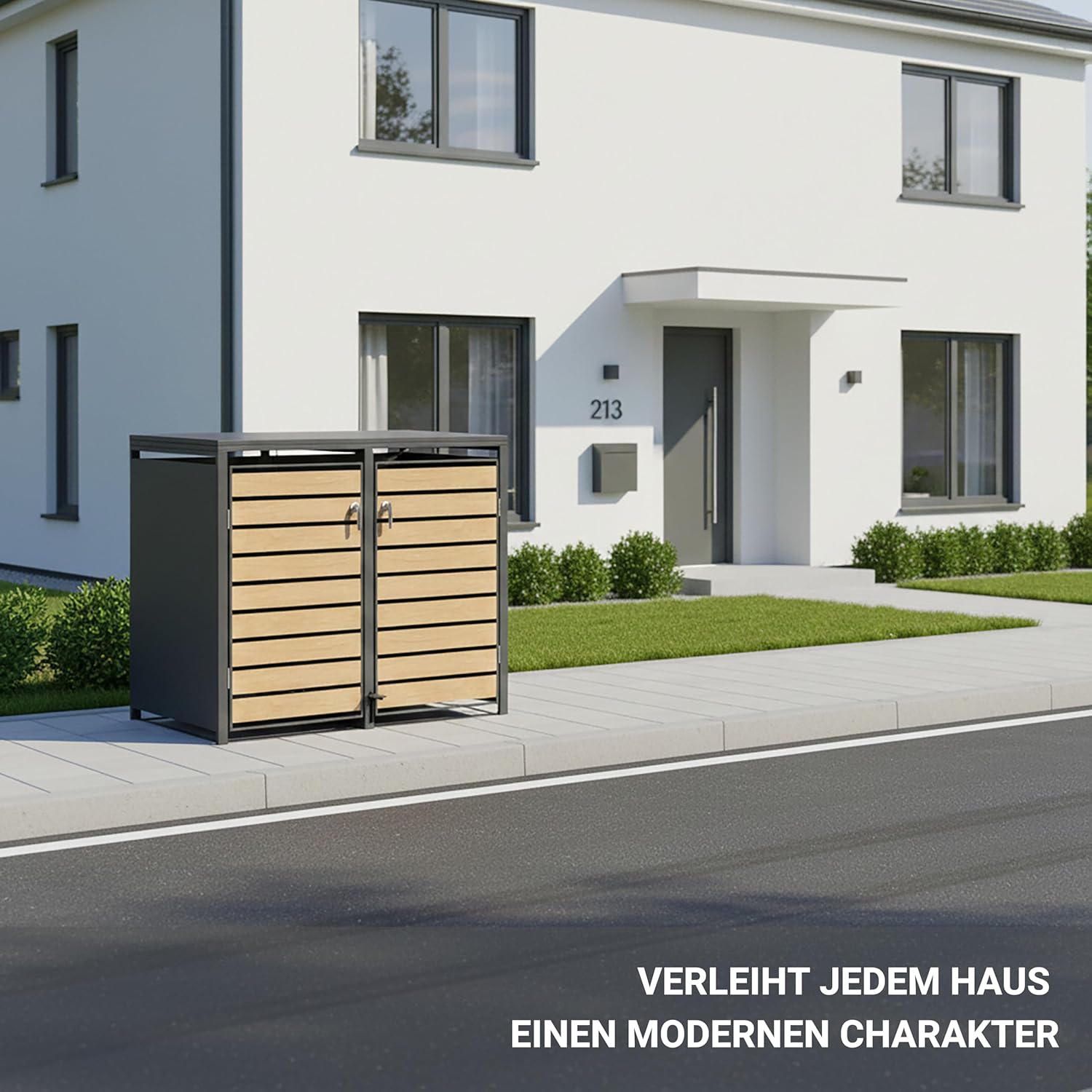 Mülltonnenbox Metall Anthrazit für 2×240L - Premium Mülltonnenverkleidung mit Fußpedal, pulverbeschichtet, Holzoptik-Front – W132×D80×H116 cm