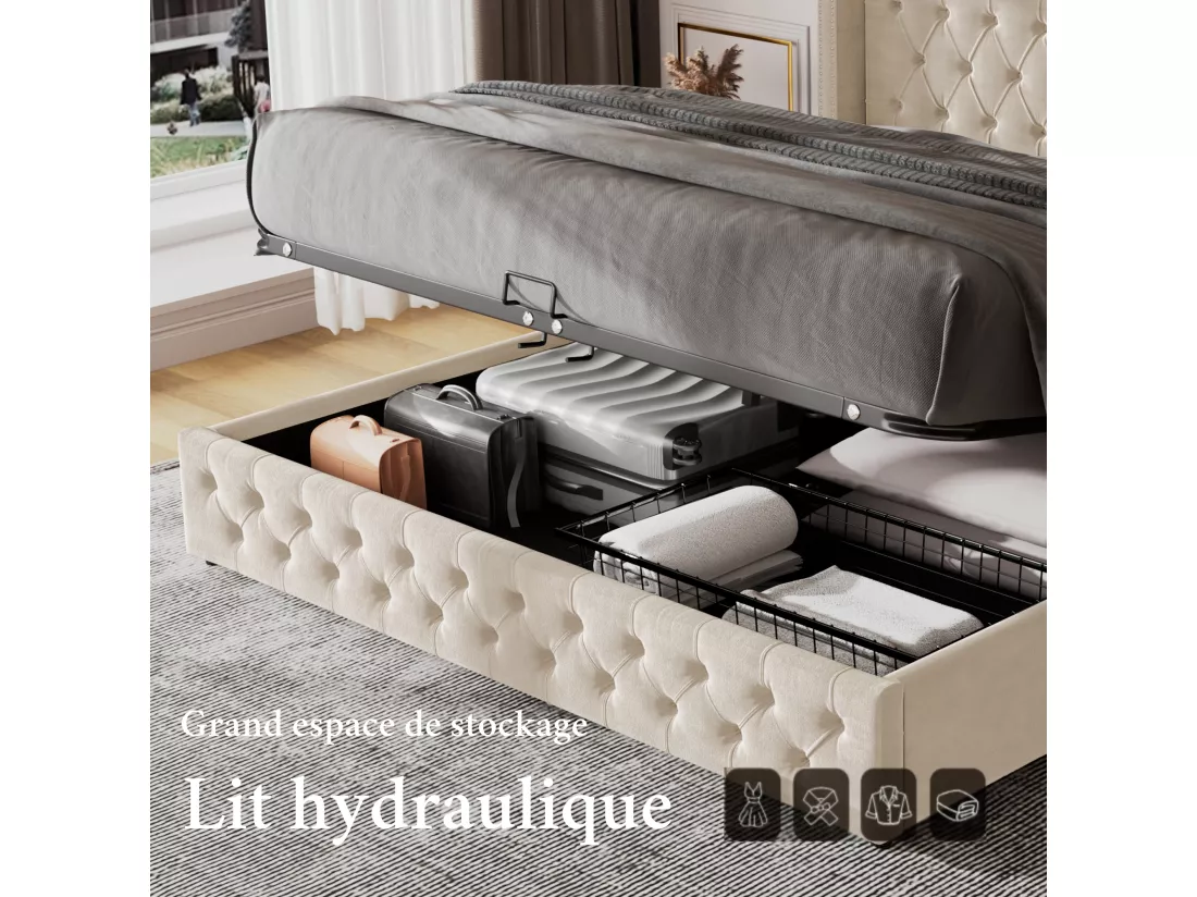 Lit rembourré, double rangée de rivets en flanelle, œillets cousus, 140*190 Twin avec hydraulique, noir, beige