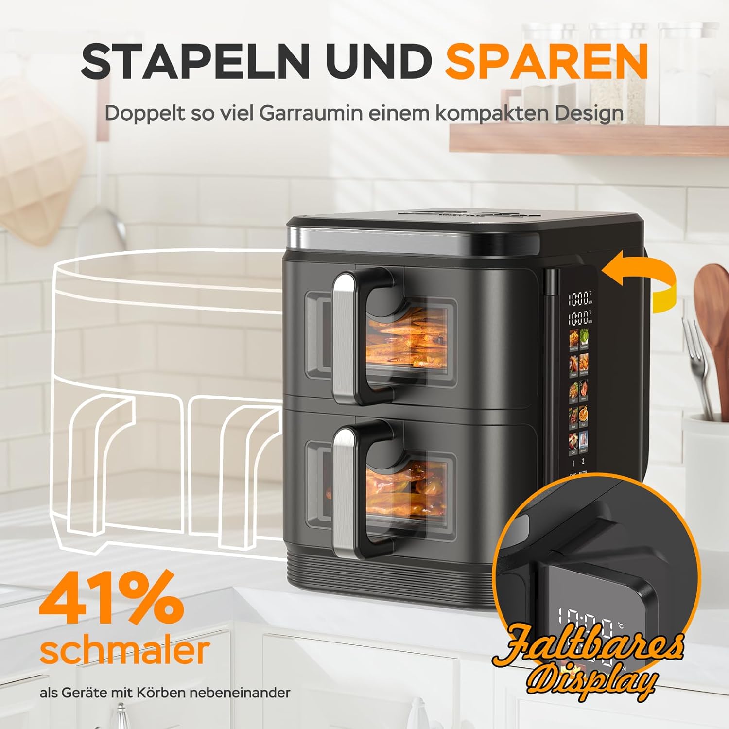 Heißluftfritteuse 2 Kammern übereinander, 11L Airfryer Doppelkammer mit Sichtfenster und Faltbarem Touchscreen, 10-in-1, V0-flammhemmendes Material, 2800W